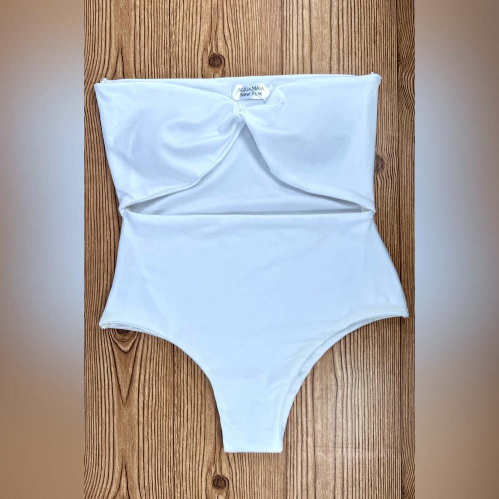 NWT Women’s Bandeau Strapless White Cut Out One Piece Swimsuit Aquamaia Sz 2-4